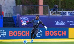 Goalie kicking soccer ball